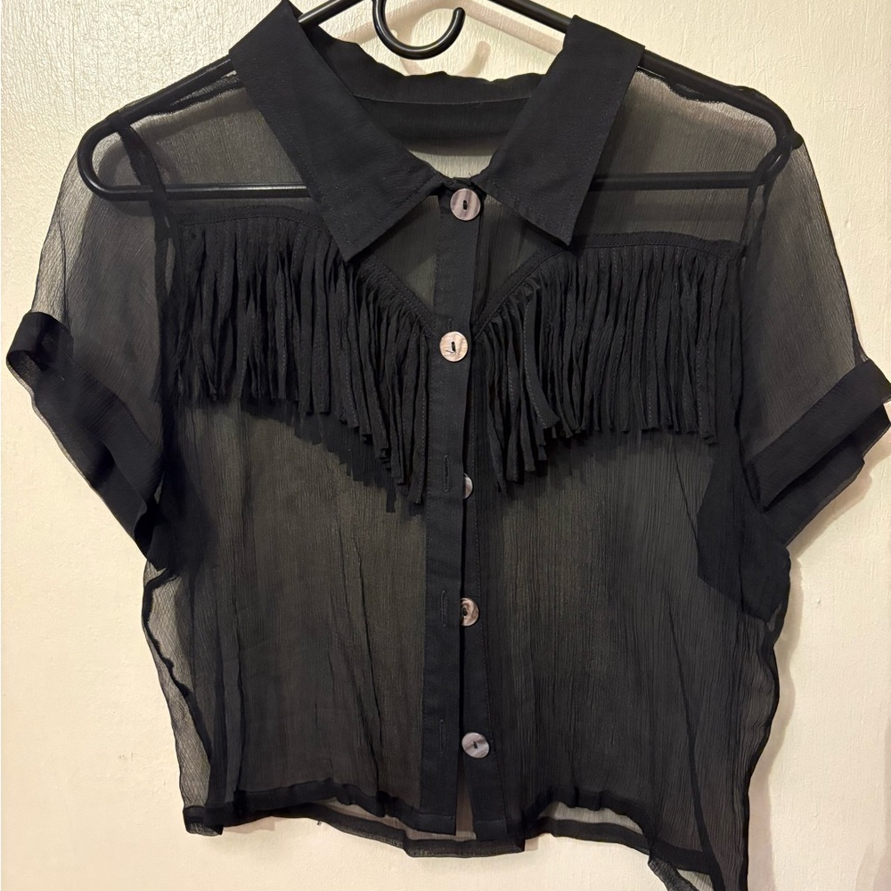 Fashion Brand Company Black Silk Fringe Button Shirt sheer